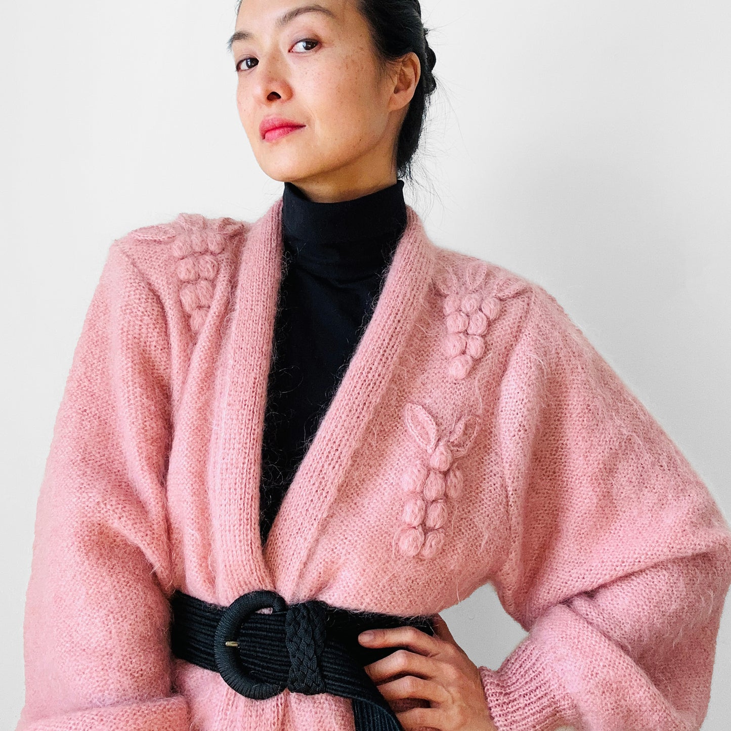 1980s Dusty Rose Pink Embellished Mohair Wool Lined Knit Open Cardigan