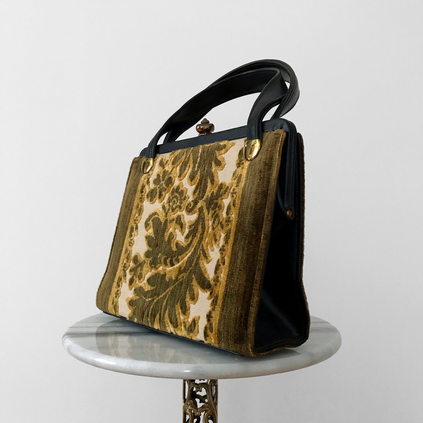 1960s Golden Leaf Faux-Leather Top-Handle Carpet Bag