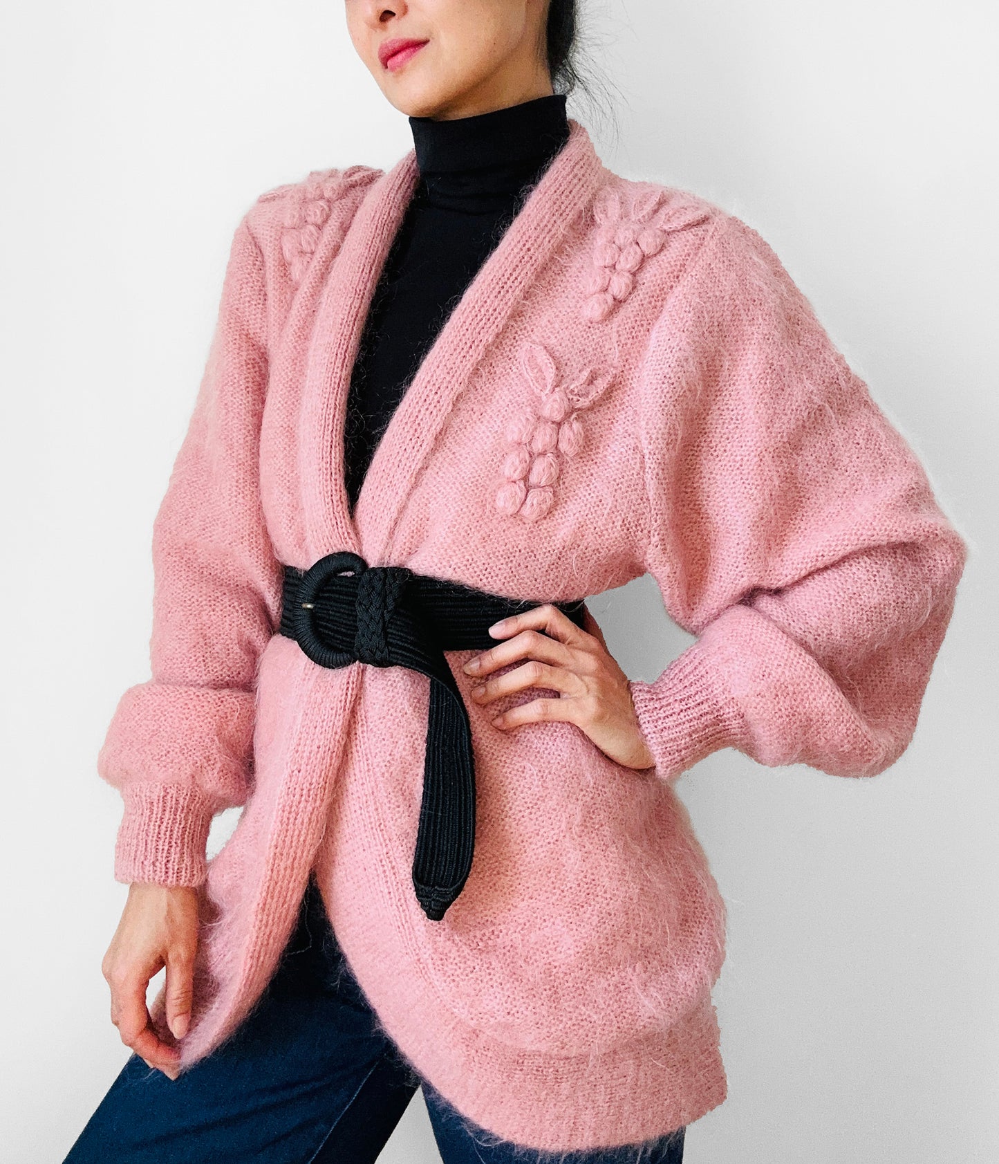 1980s Dusty Rose Pink Embellished Mohair Wool Lined Knit Open Cardigan