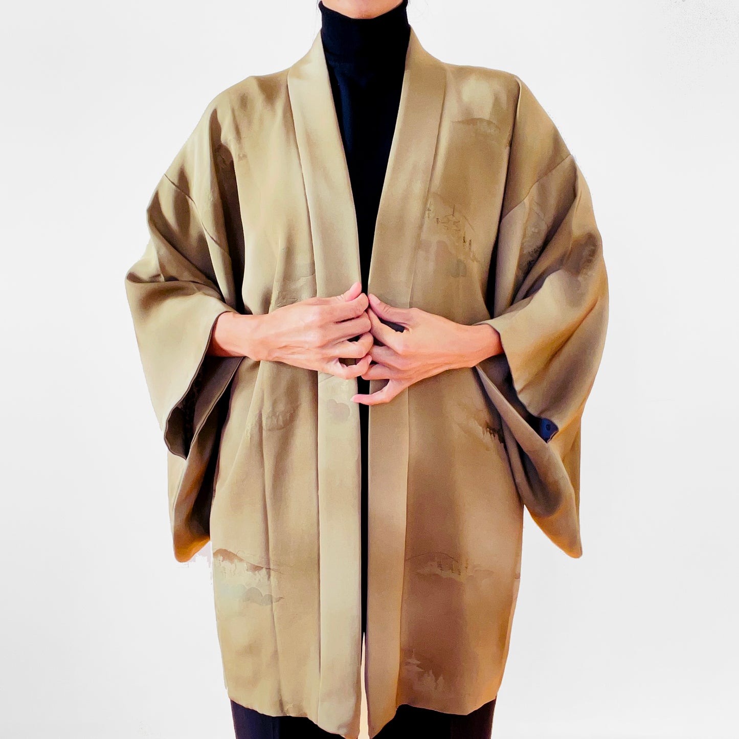 Vintage, 1980s, 80s, Japanese, Silk, Gold-Toned, Lined, Haori, Kimono, Jacket