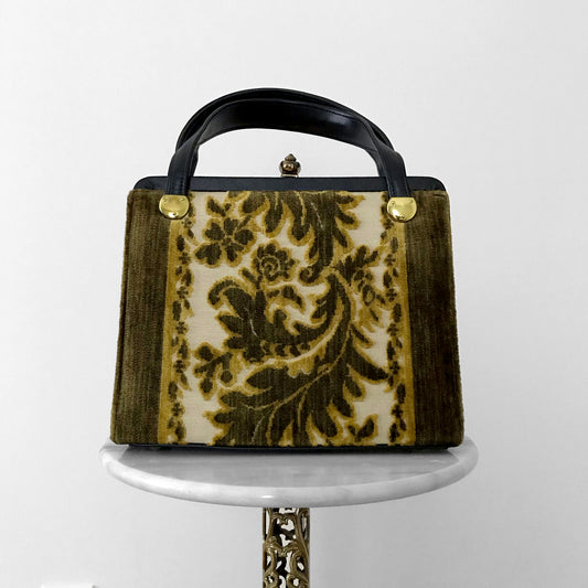 1960s Golden Leaf Faux-Leather Top-Handle Carpet Bag