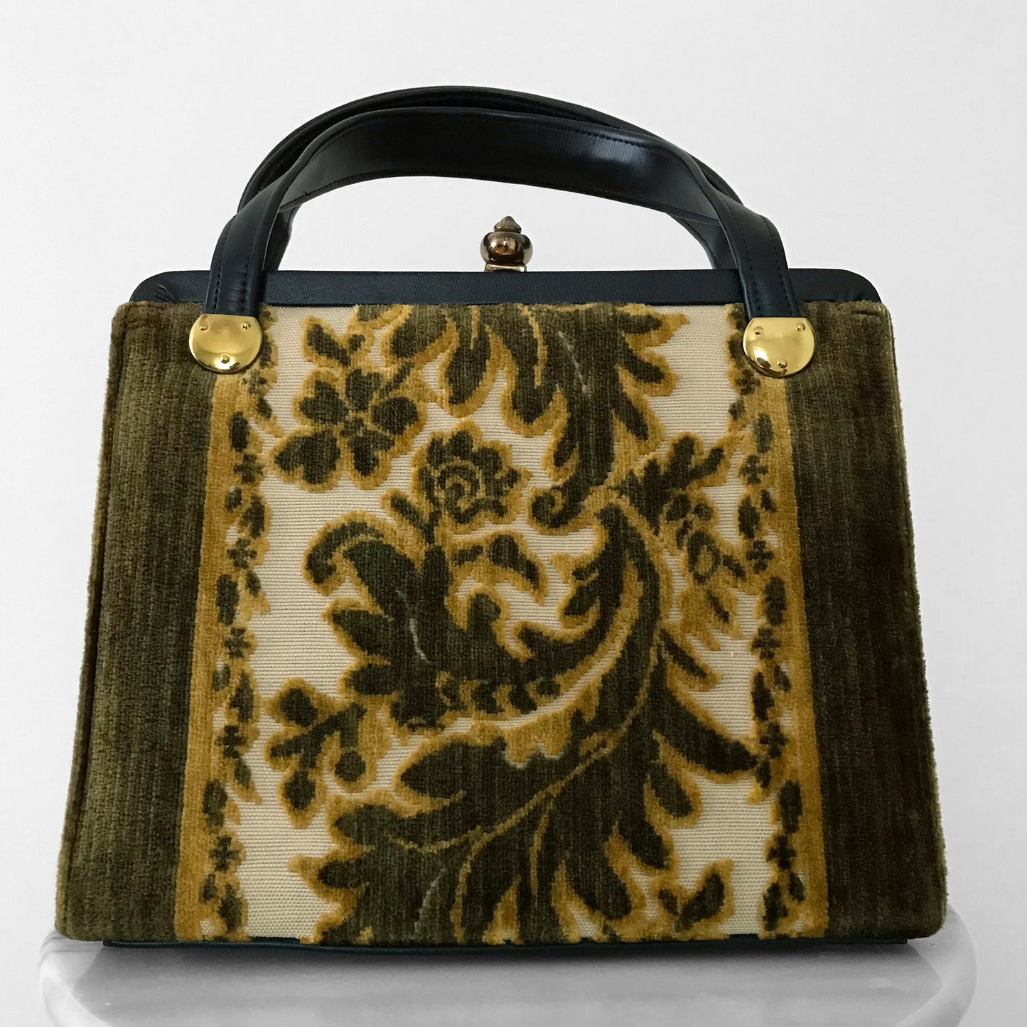 1960s Golden Leaf Faux-Leather Top-Handle Carpet Bag