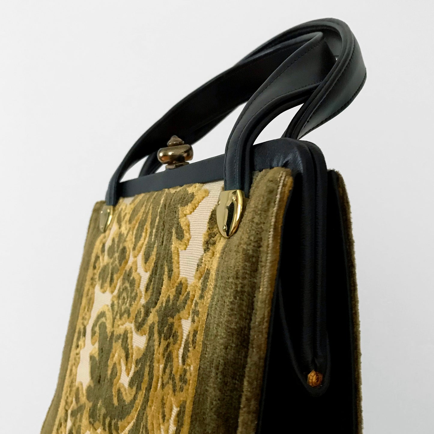 1960s Golden Leaf Faux-Leather Top-Handle Carpet Bag