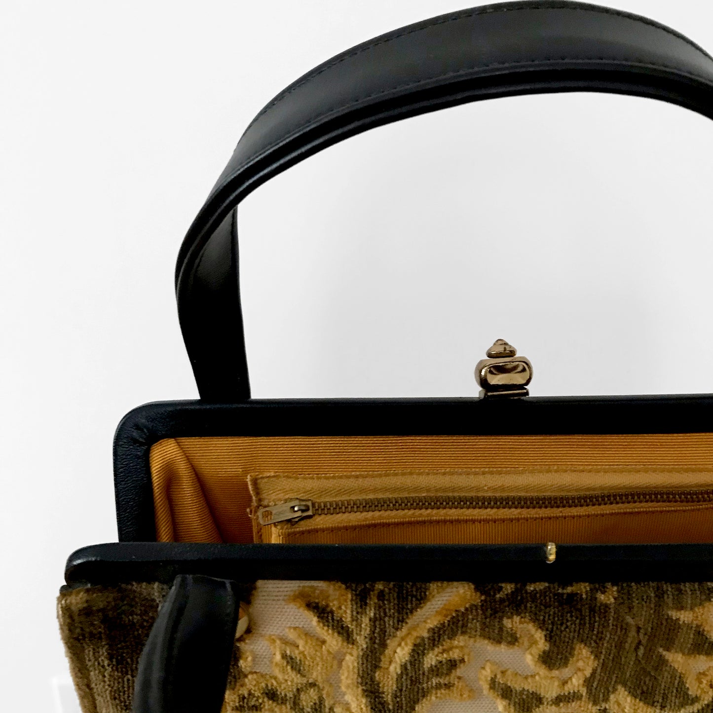 1960s Golden Leaf Faux-Leather Top-Handle Carpet Bag