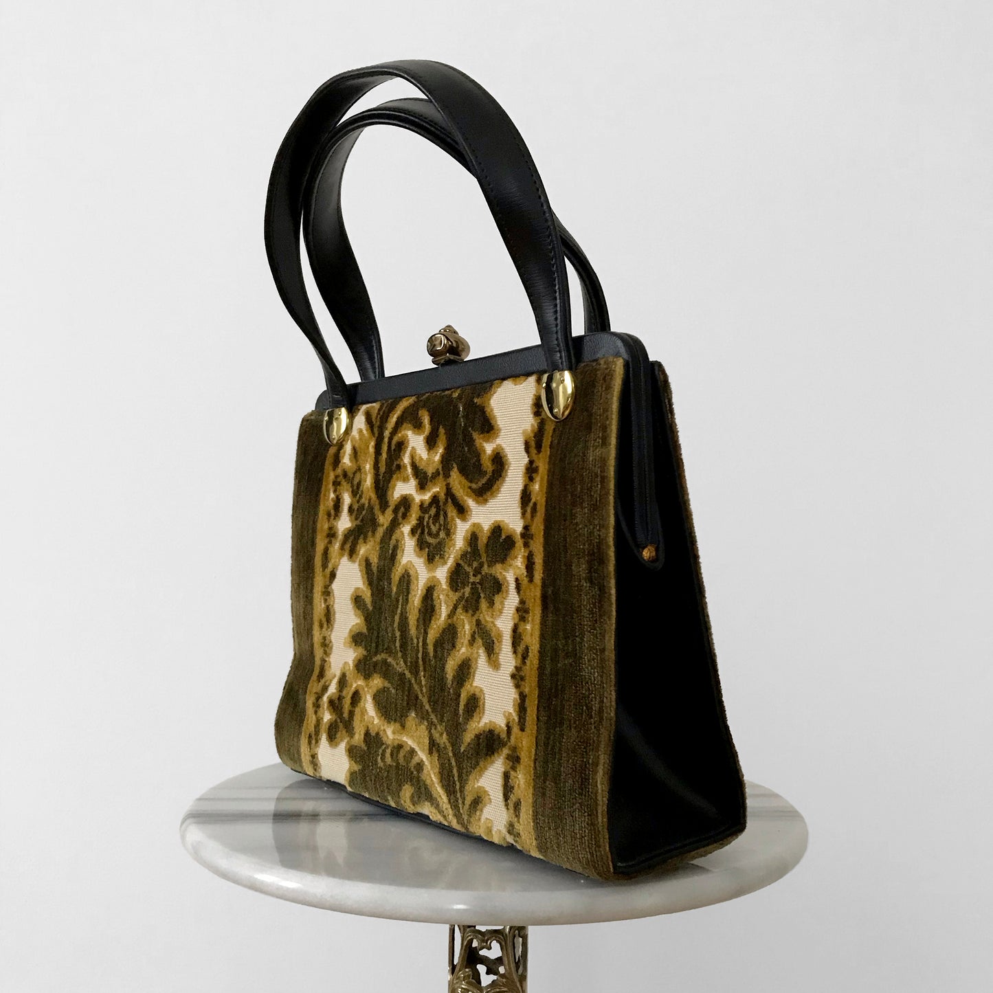 1960s Golden Leaf Faux-Leather Top-Handle Carpet Bag