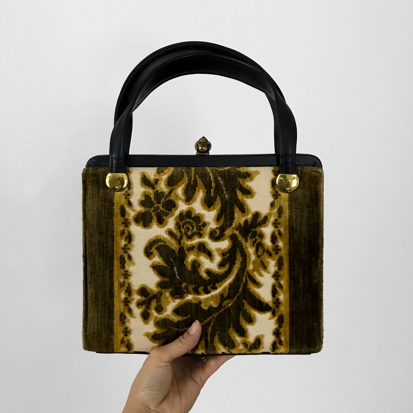 1960s Golden Leaf Faux-Leather Top-Handle Carpet Bag