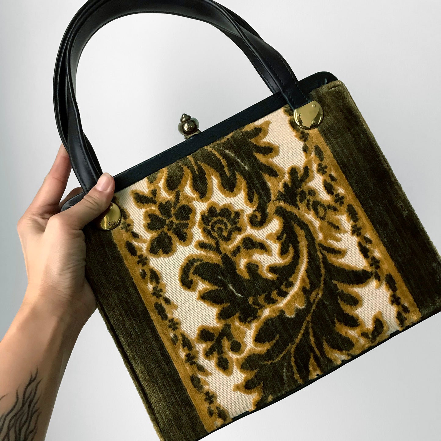 1960s Golden Leaf Faux-Leather Top-Handle Carpet Bag