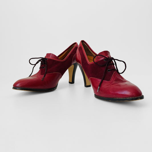 1960s Cherry Red Lace Up Leather and Suede High-Heeled Shoes - Sz. 9.5M