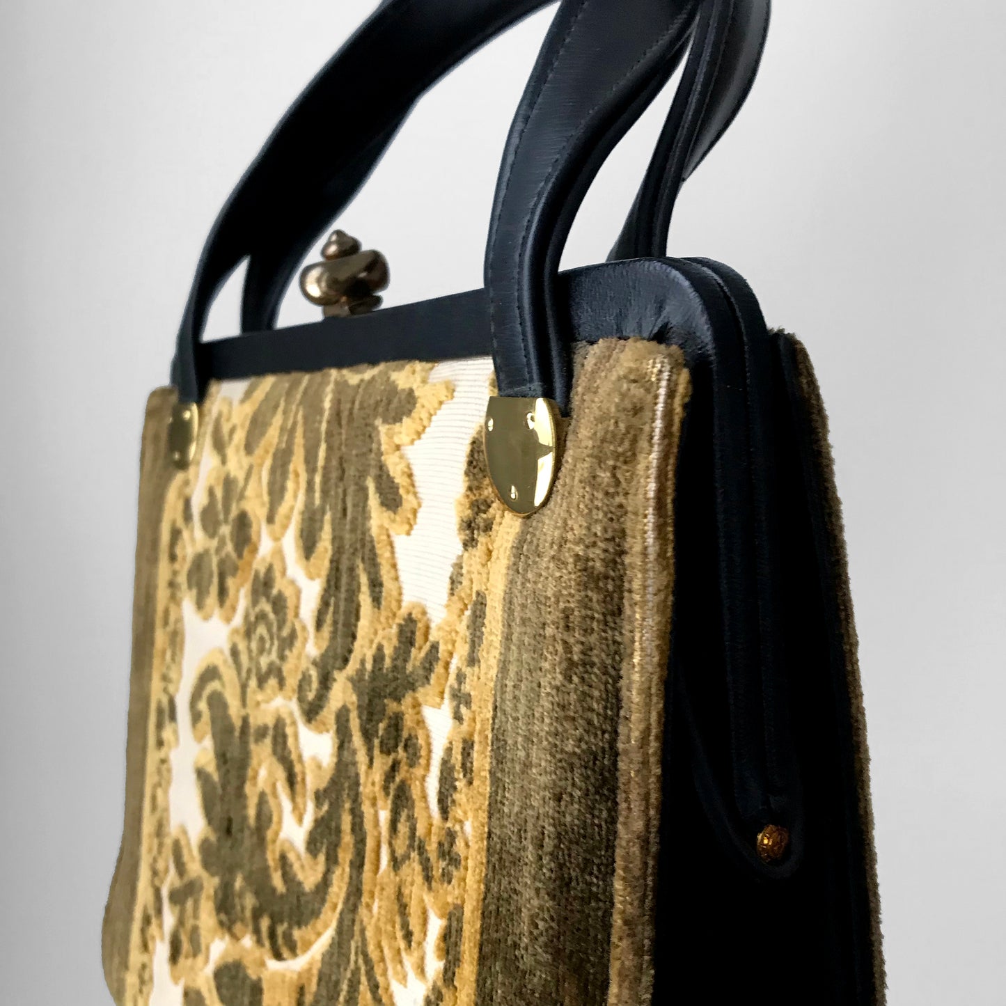 1960s Golden Leaf Faux-Leather Top-Handle Carpet Bag