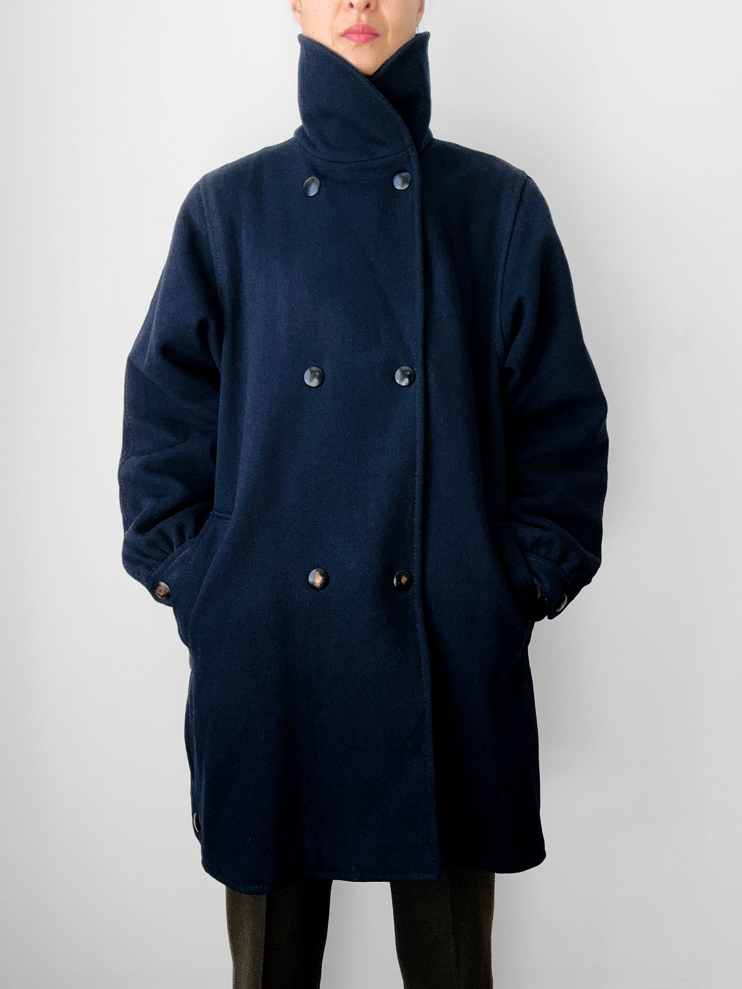 1980s Dark Navy Blue Snap Button Heavy Military Naval Style Wool Jacket - S/M