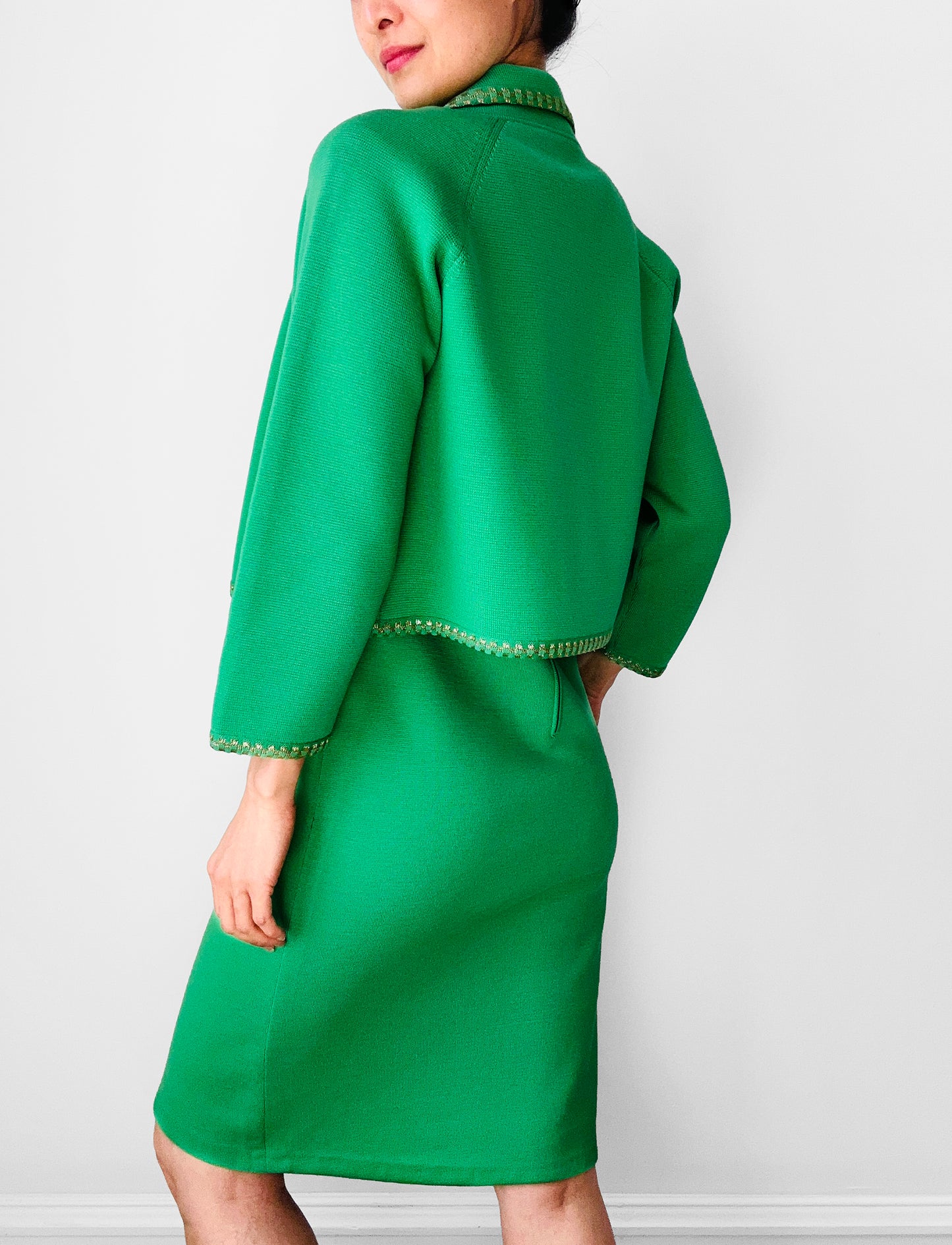 1960s Apple Green and Gold Crop Jacket Wool Blended Knit Dress Set - Sz. S