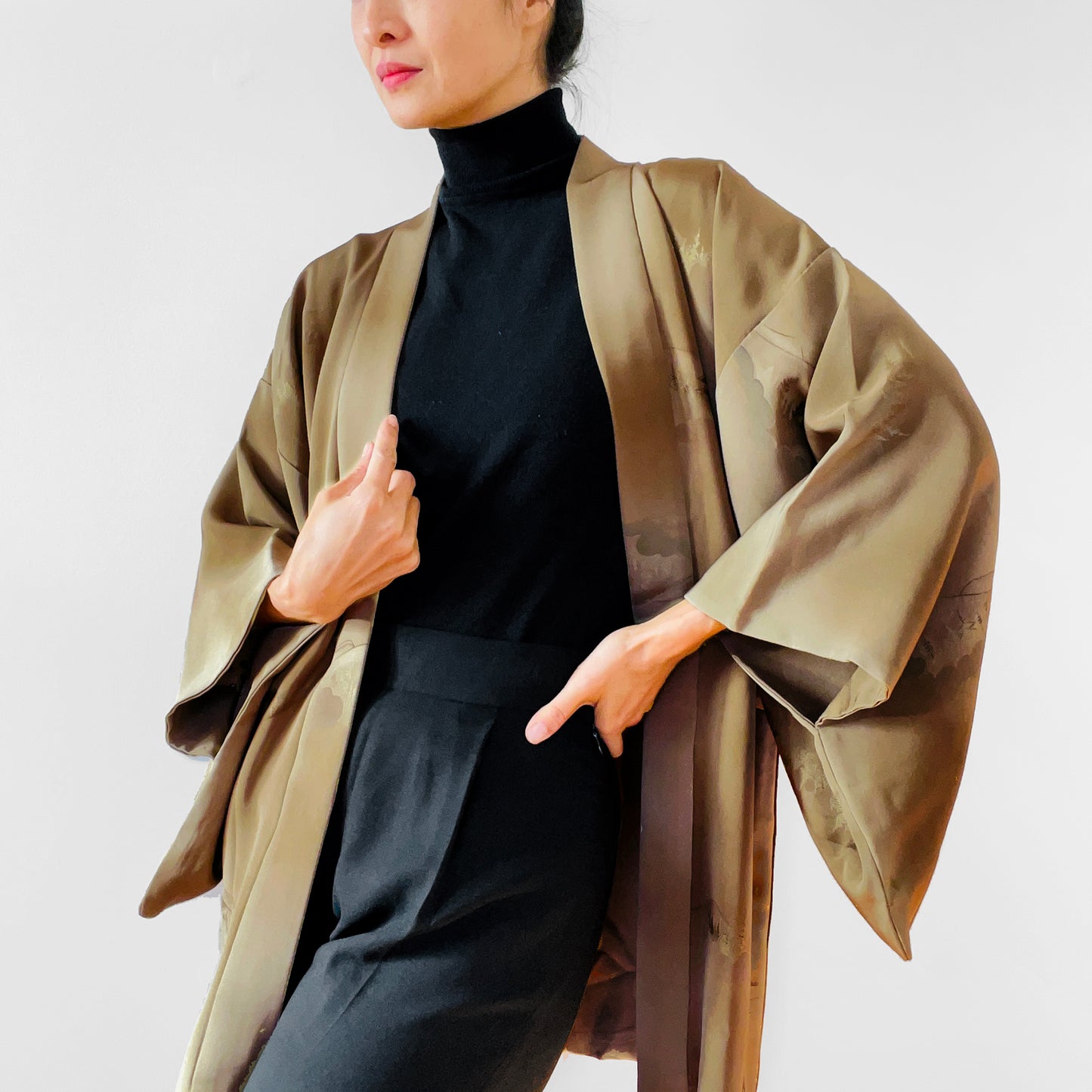 Vintage, 1980s, 80s, Japanese, Silk, Gold-Toned, Lined, Haori, Kimono, Jacket