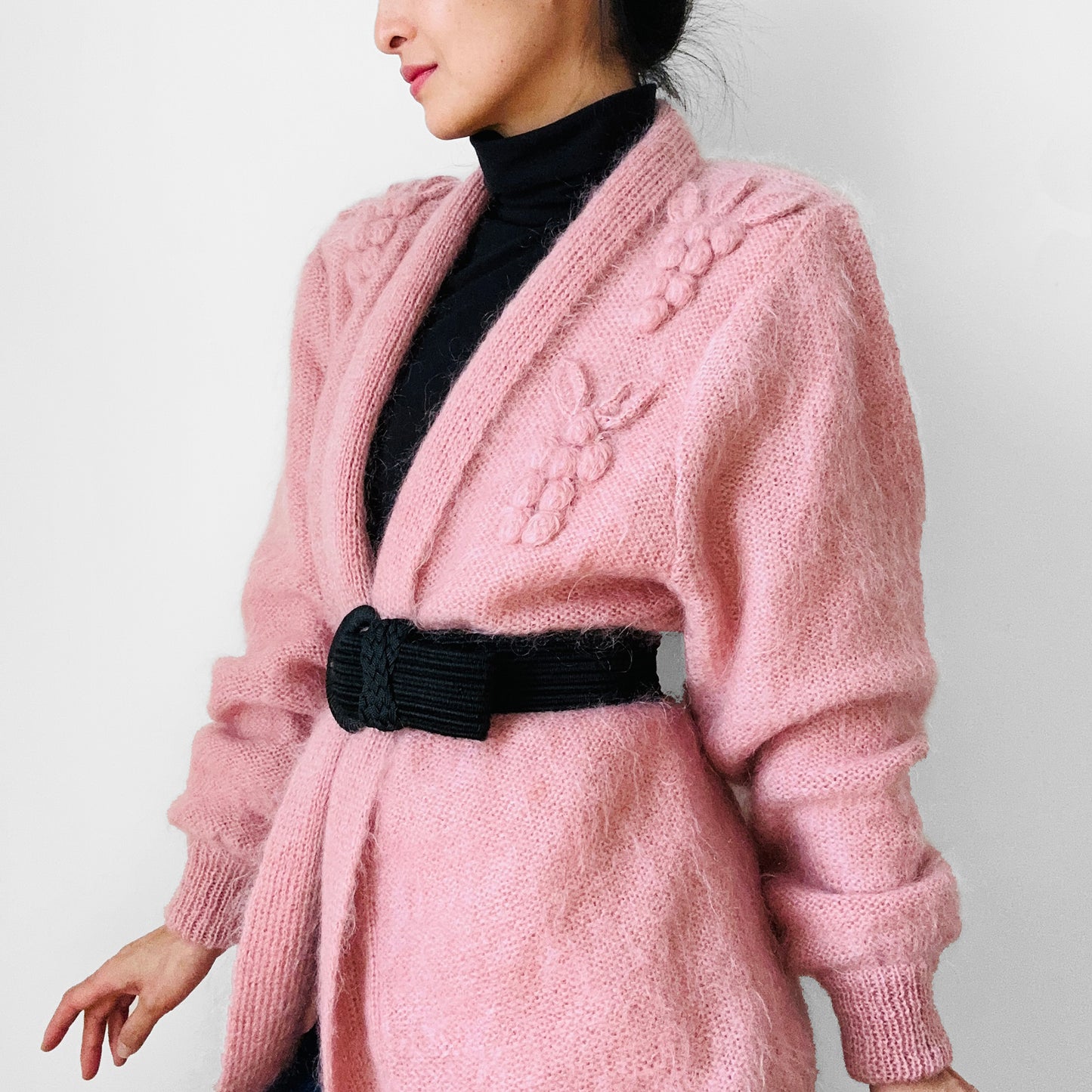 1980s Dusty Rose Pink Embellished Mohair Wool Lined Knit Open Cardigan