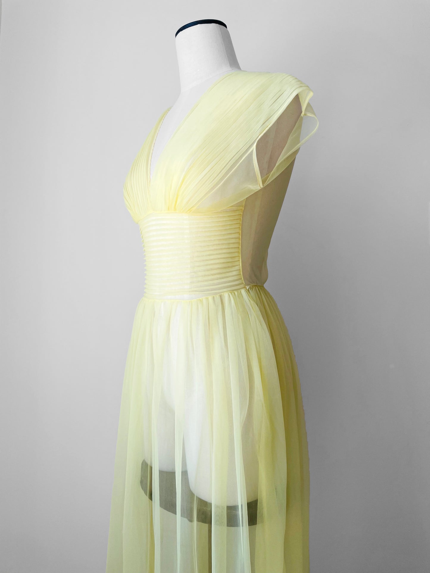 1950s-1960s Sheer Yellow Silk Gauze Pleated Ballroom Gown Style Slip Dress - Sz. S