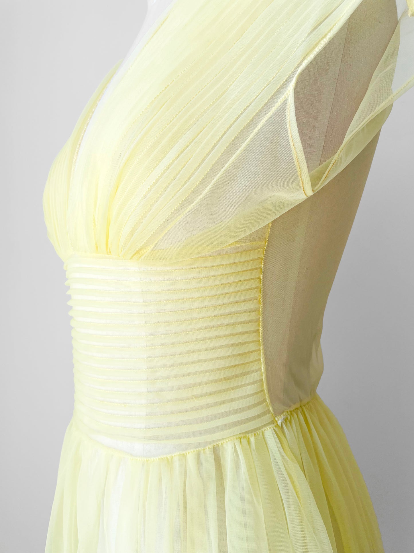 1950s-1960s Sheer Yellow Silk Gauze Pleated Ballroom Gown Style Slip Dress - Sz. S