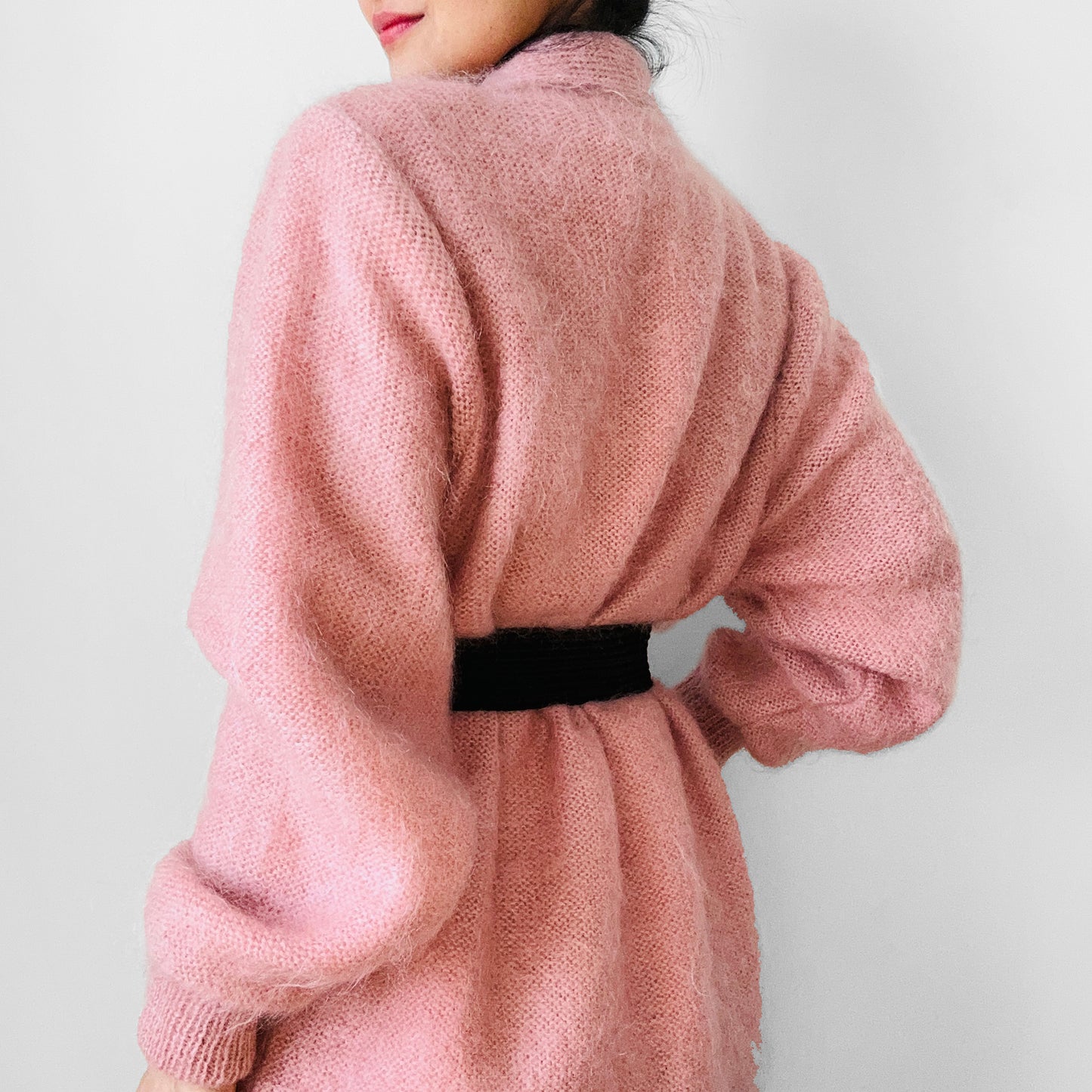 1980s Dusty Rose Pink Embellished Mohair Wool Lined Knit Open Cardigan