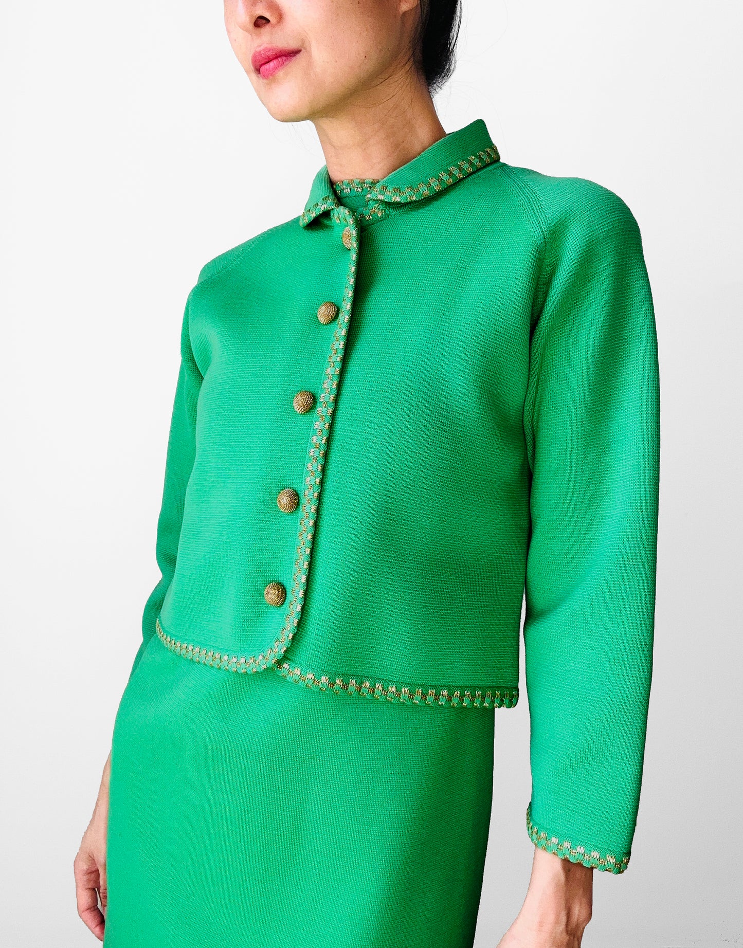 1960s Apple Green and Gold Crop Jacket Wool Blended Knit Dress Set - Sz. S