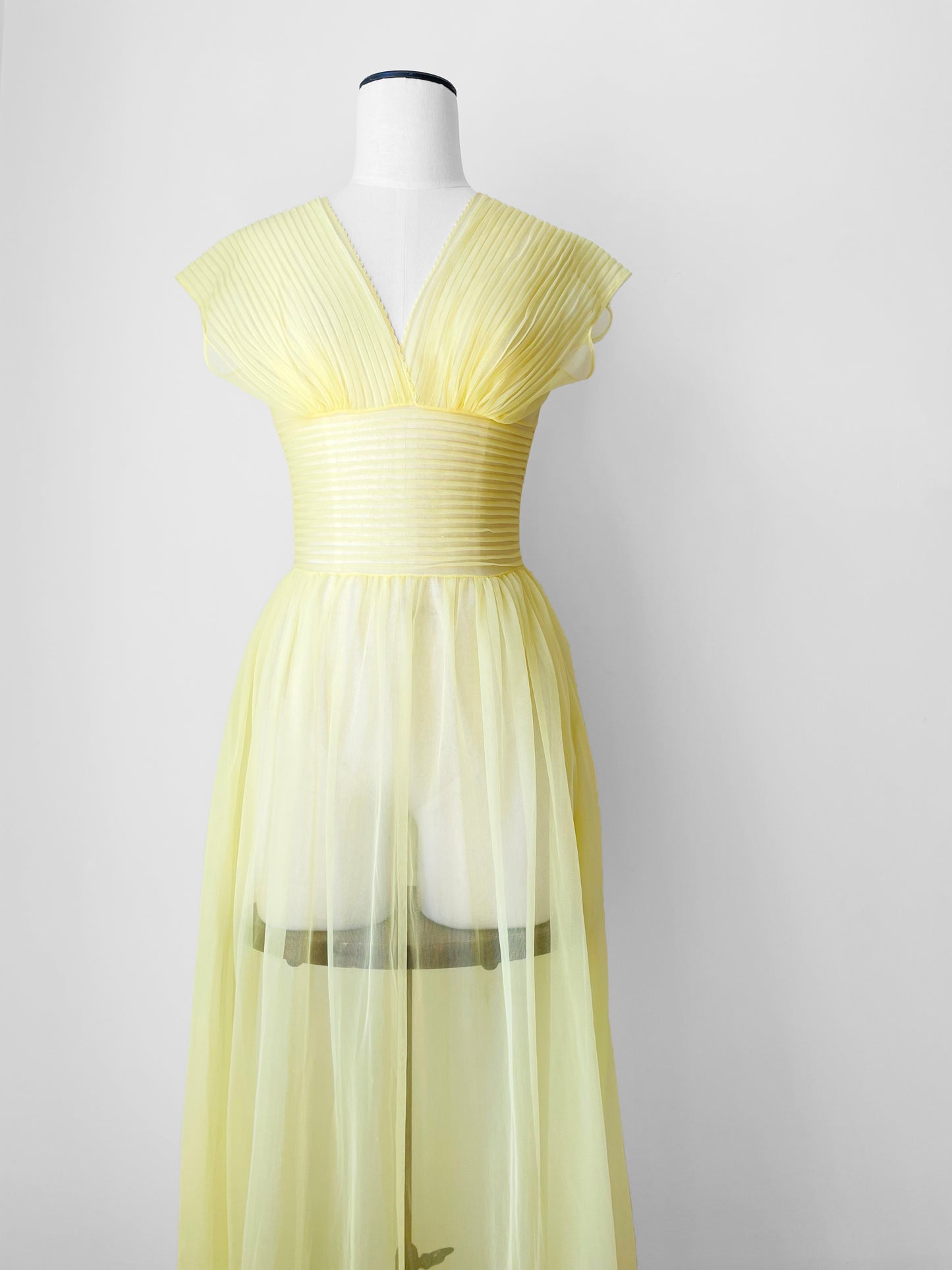 1950s-1960s Sheer Yellow Silk Gauze Pleated Ballroom Gown Style Slip Dress - Sz. S