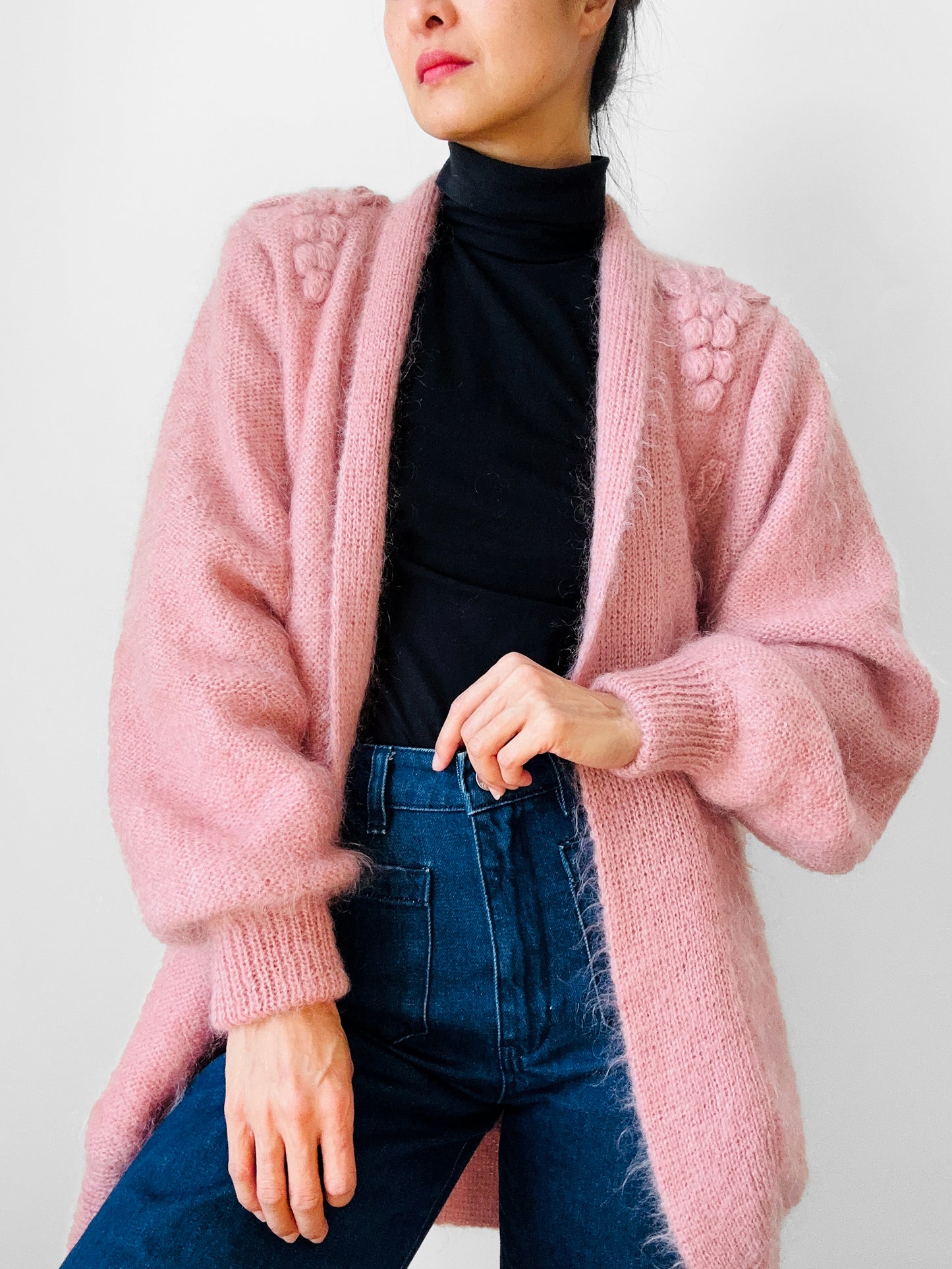 1980s Dusty Rose Pink Embellished Mohair Wool Lined Knit Open Cardigan