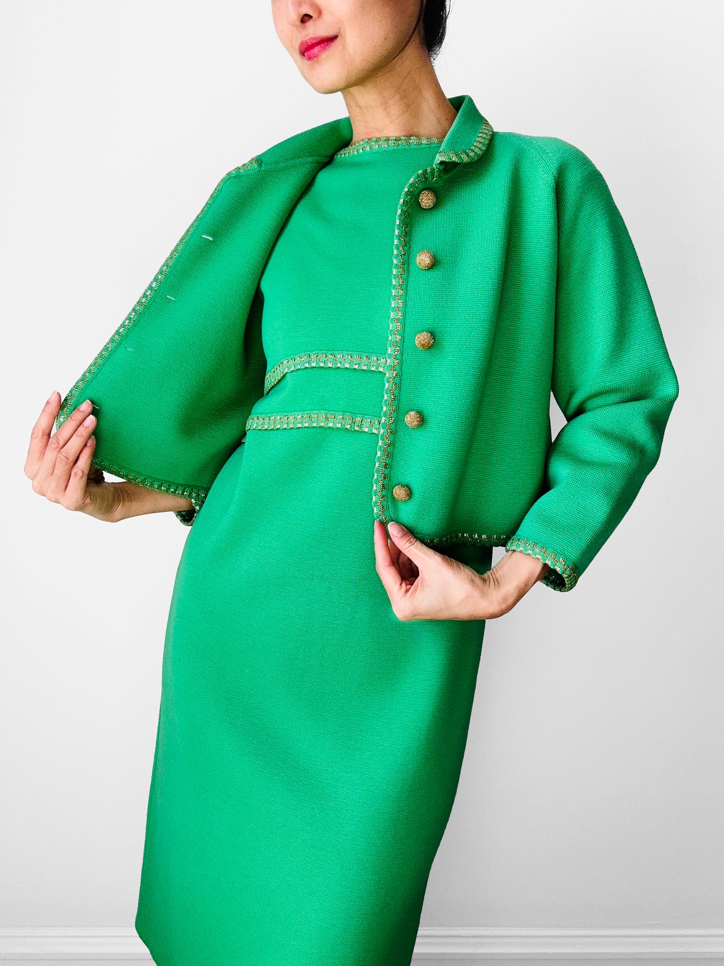 1960s Apple Green and Gold Crop Jacket Wool Blended Knit Dress Set - Sz. S