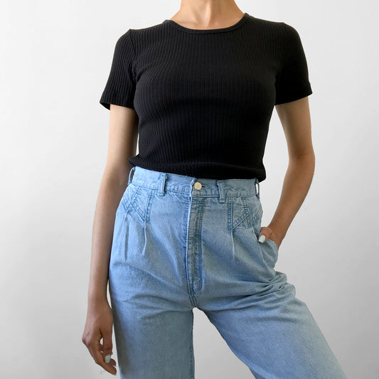 1980s Light-Wash High-Waisted Pleated Front Tapered Leg Denim Blue Jeans