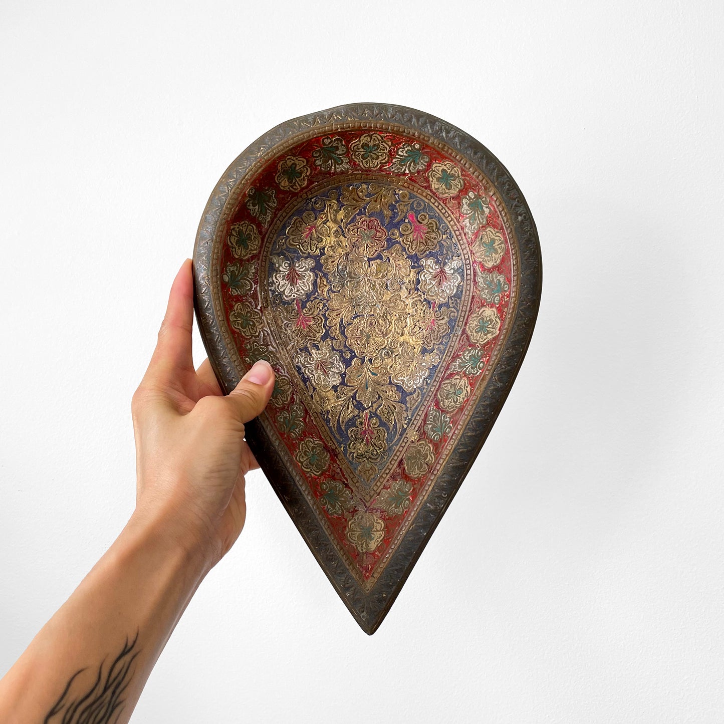 Hand-Painted Etched Brass Footed Dish