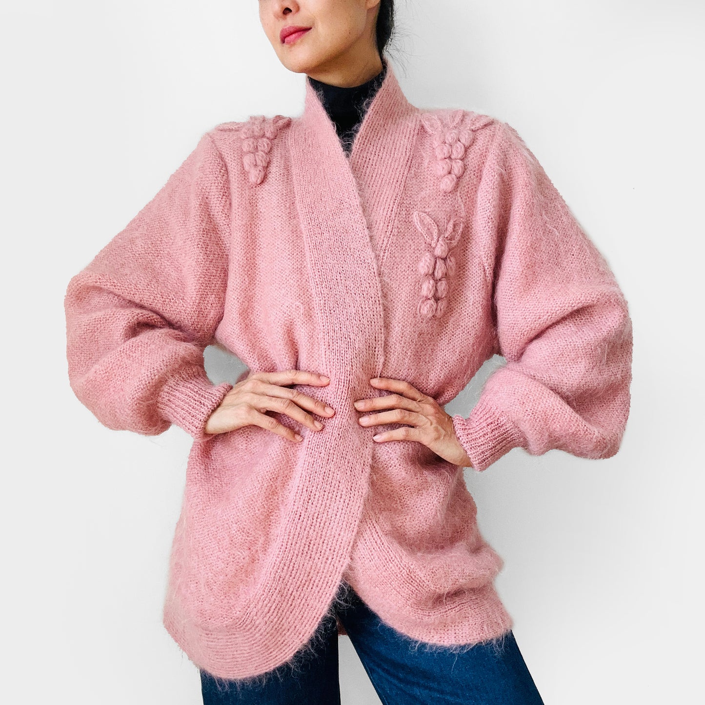 1980s Dusty Rose Pink Embellished Mohair Wool Lined Knit Open Cardigan