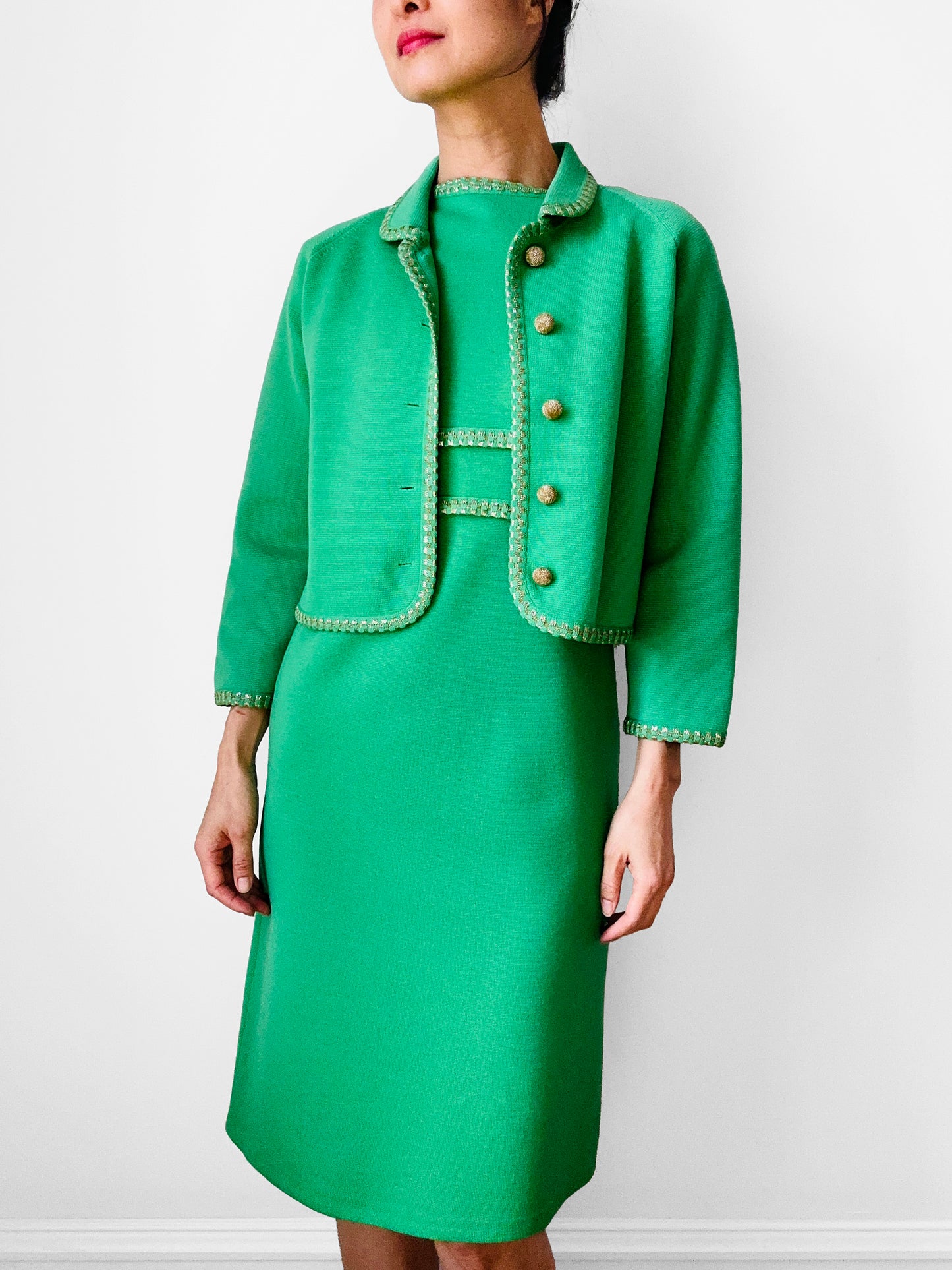 1960s Apple Green and Gold Crop Jacket Wool Blended Knit Dress Set - Sz. S