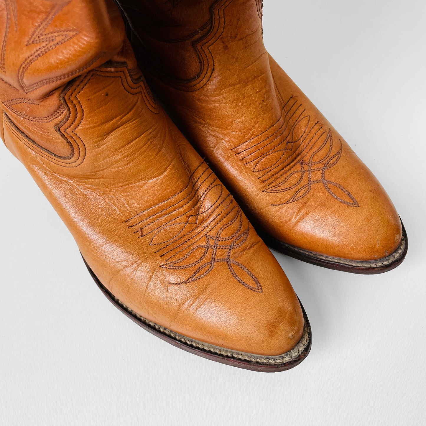 1970s Tobacco Tan Stitched Leather Western Boots - Sz. 7B