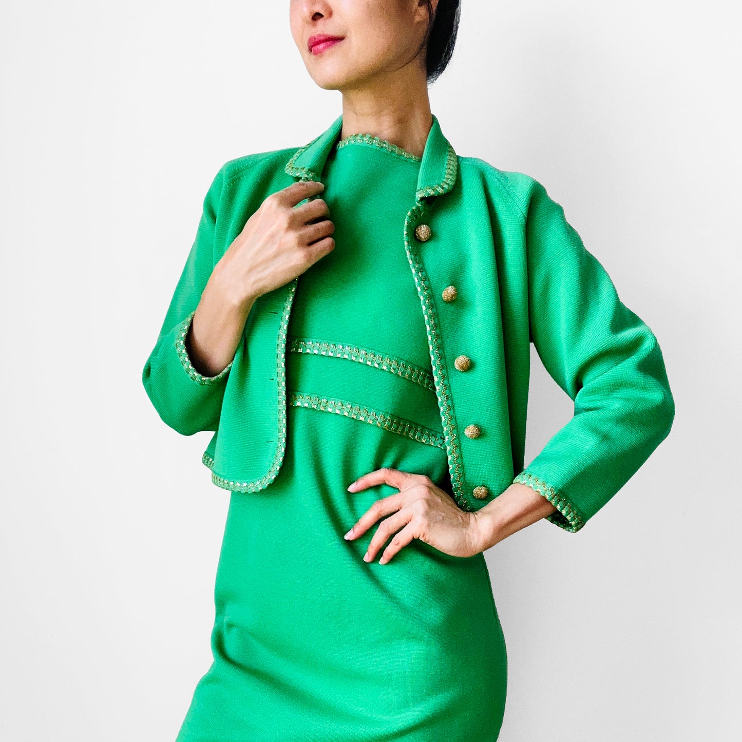 1960s Apple Green and Gold Crop Jacket Wool Blended Knit Dress Set - Sz. S