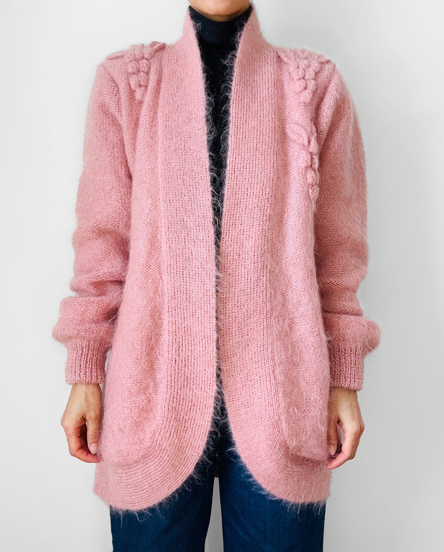 1980s Dusty Rose Pink Embellished Mohair Wool Lined Knit Open Cardigan