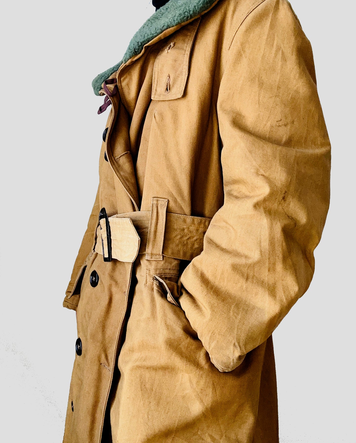 1950s Canadian Military Shearling Canvas Heavy Belted Cold Weather Jacket - Sz.39