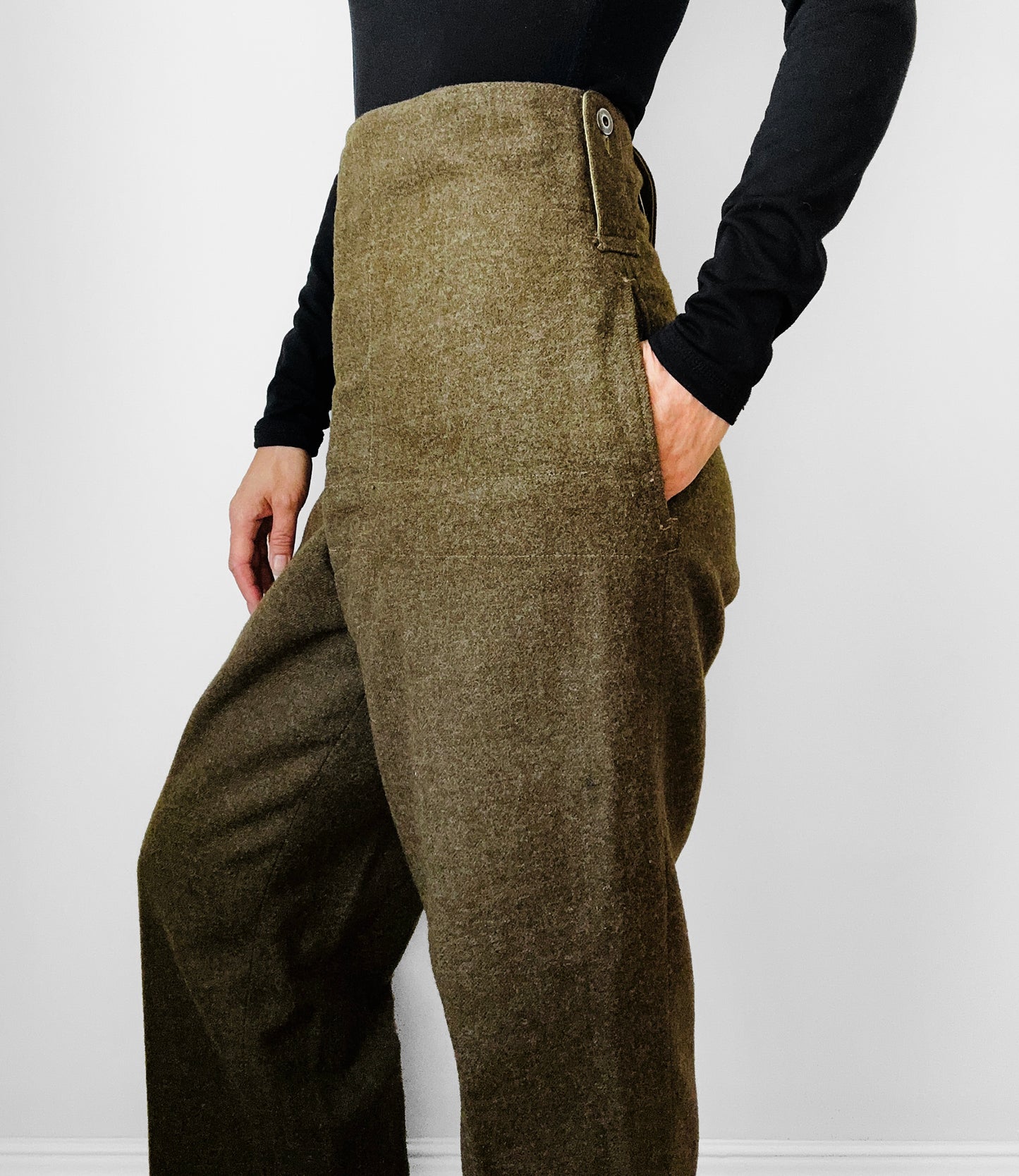 1950s Authentic Olive Green Maritime Pant Mfg. Co. Ltd. Wool High-Waisted Button Fly Military Trouser Pants - Sz.3 - 31/32