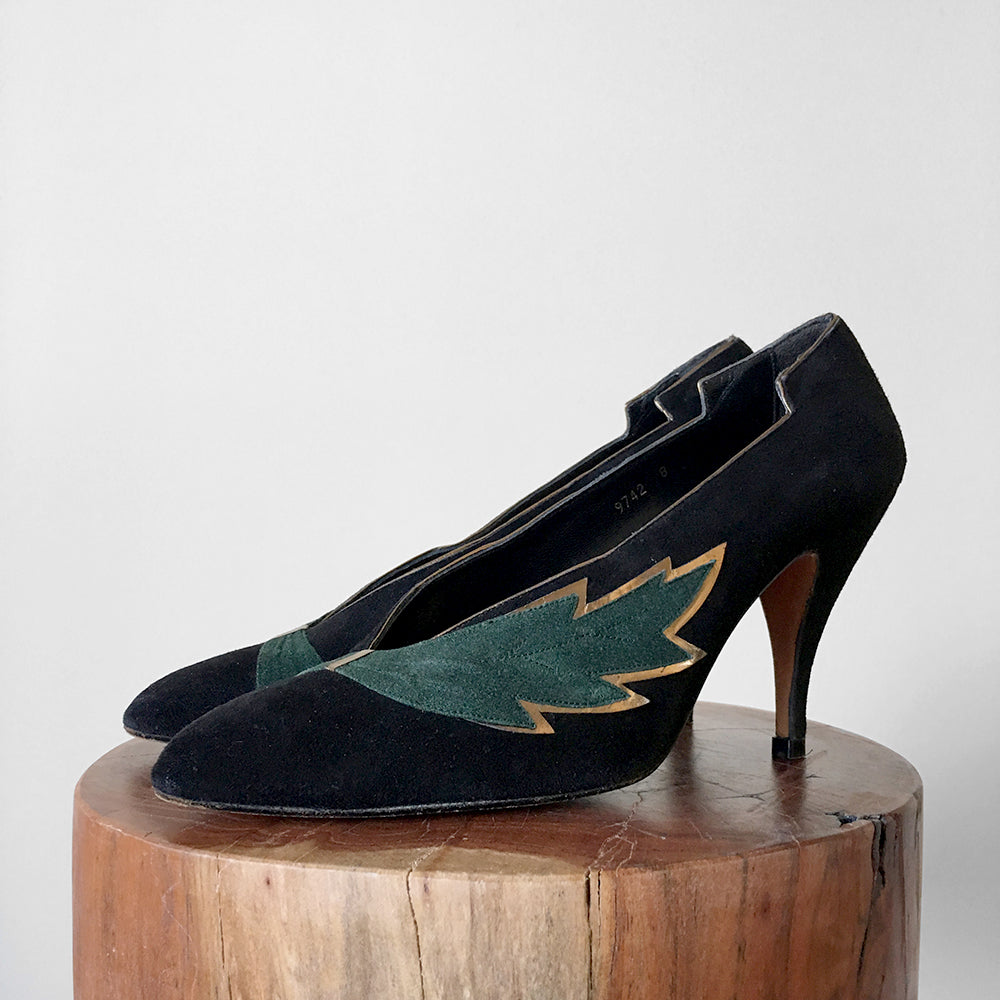 Black and Green Gold Trimmed Leaf Pointed Toe Slip On Heels