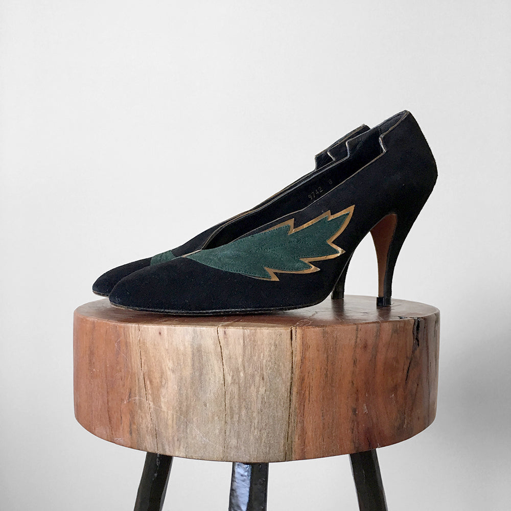 Black and Green Gold Trimmed Leaf Pointed Toe Slip On Heels