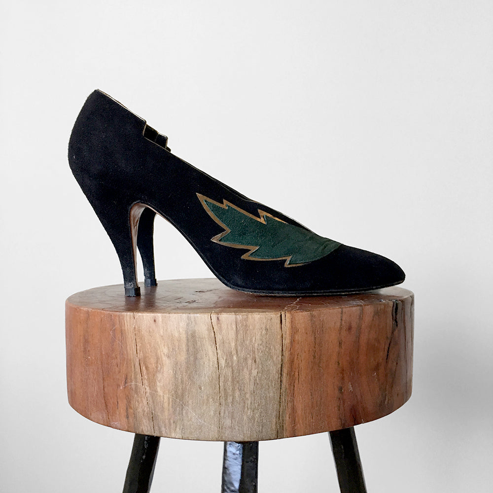 Black and Green Gold Trimmed Leaf Pointed Toe Slip On Heels