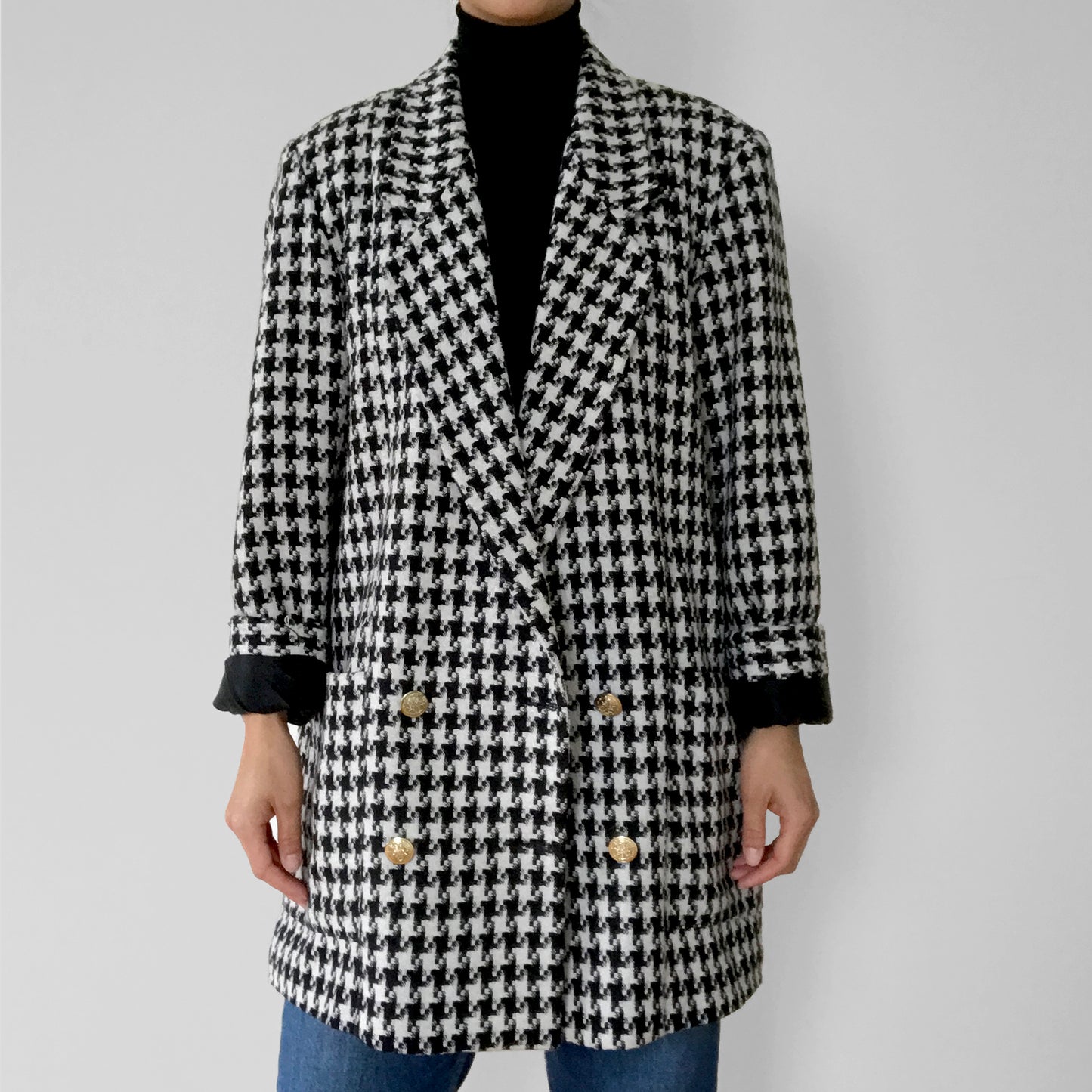 1980s Black and White Wool Houndstooth Double-Breasted Gold Button Blazer Jacket