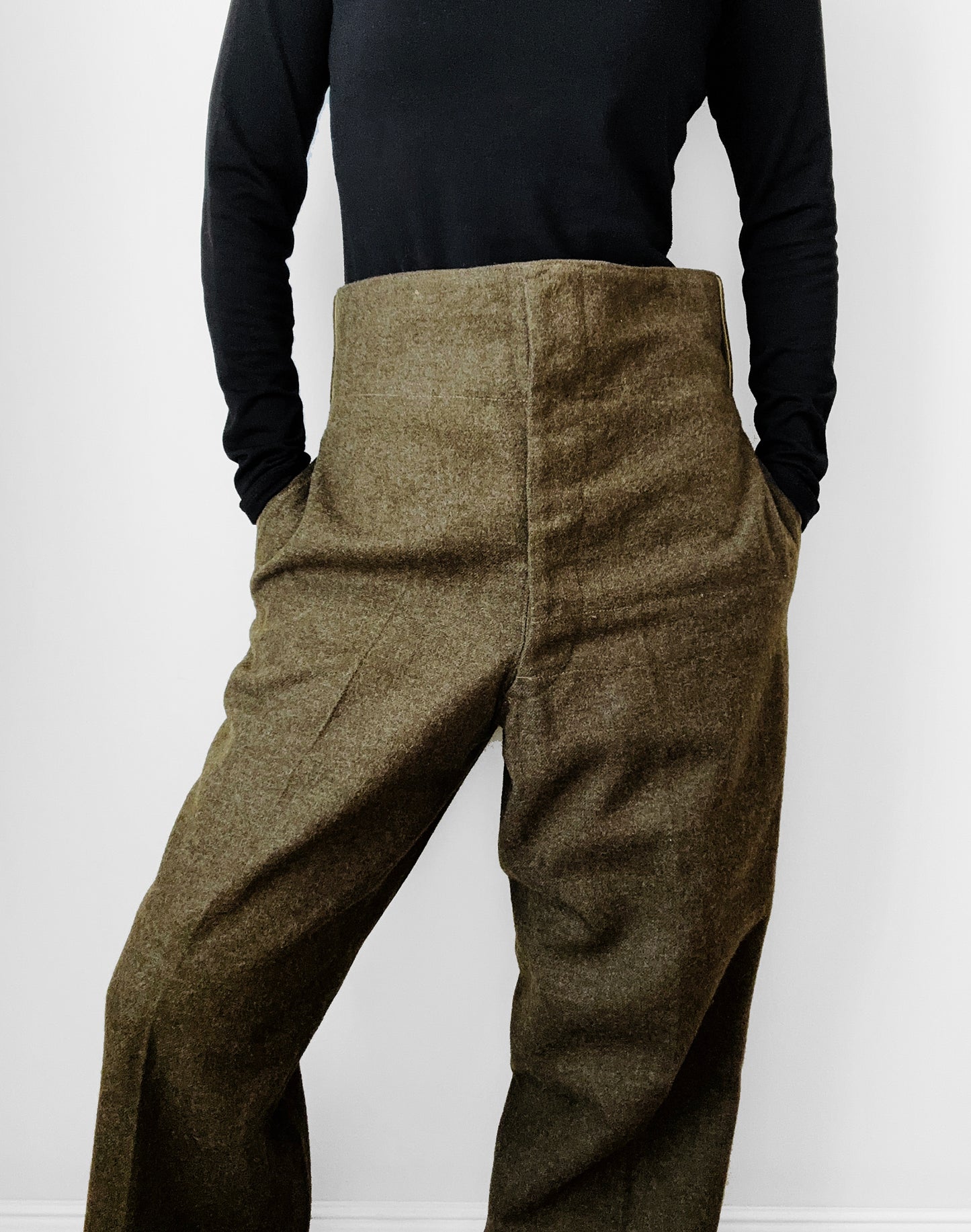 1950s Authentic Olive Green Maritime Pant Mfg. Co. Ltd. Wool High-Waisted Button Fly Military Trouser Pants - Sz.3 - 31/32