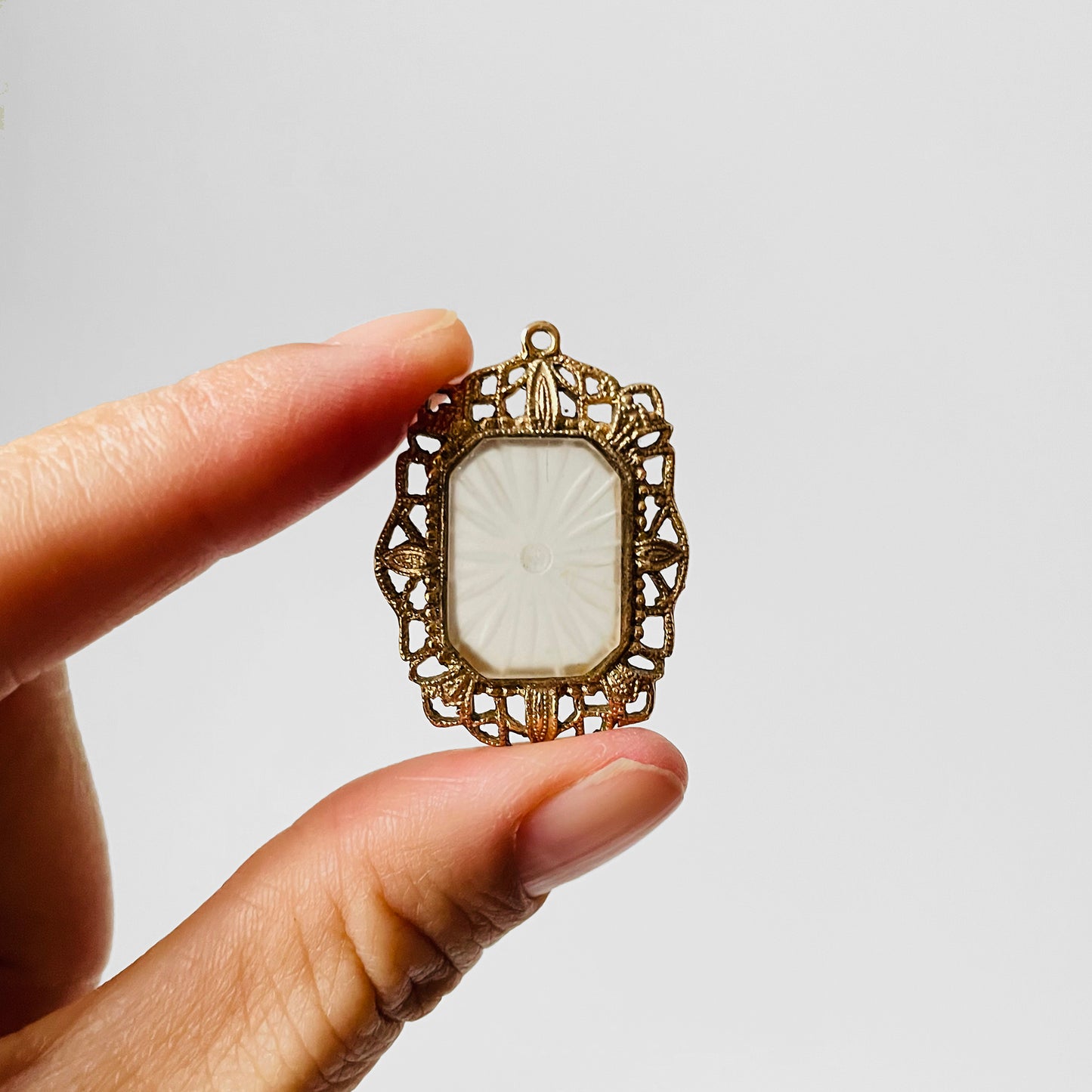 1920s Art Deco Filigree Gold-Toned Camphor Glass Pendant