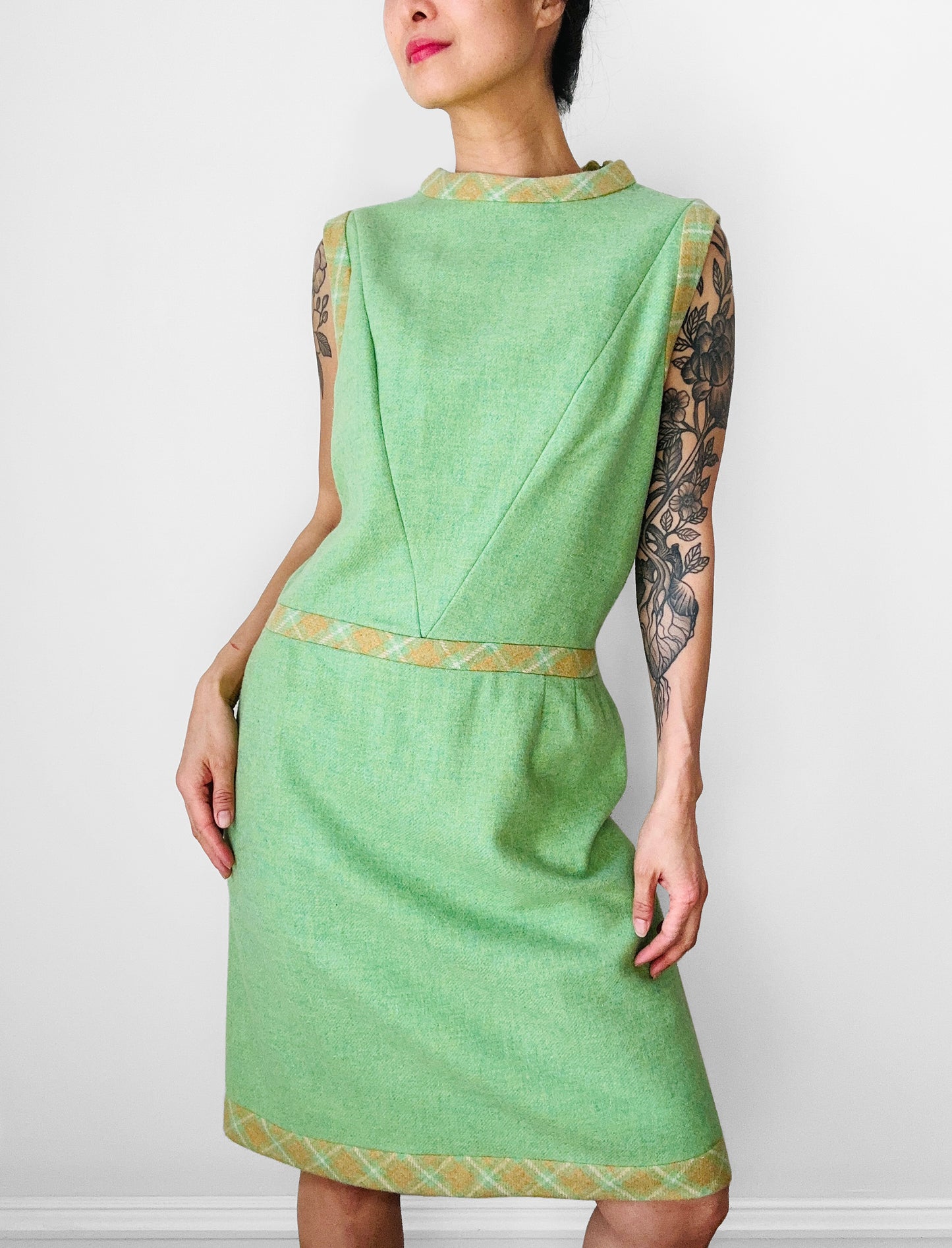 1960s Apple Green and Plaid Trimmed Wool Lined Sleeveless Drop Waist Shift Dress - Sz. S