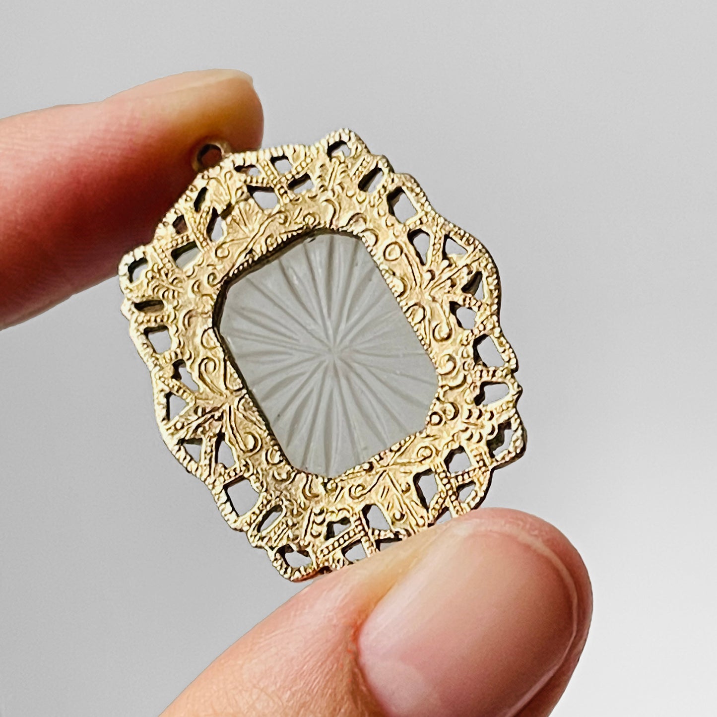 1920s Art Deco Filigree Gold-Toned Camphor Glass Pendant