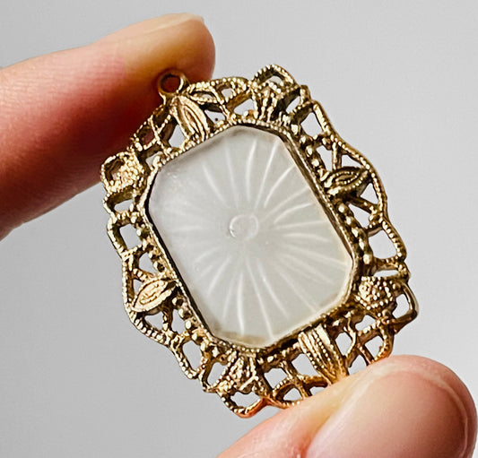 1920s Art Deco Filigree Gold-Toned Camphor Glass Pendant