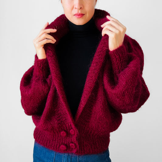 1980s Deep Wine Red Suttles & Seawind Made in Canada Mohair Knit Statement Cardigan Sweater