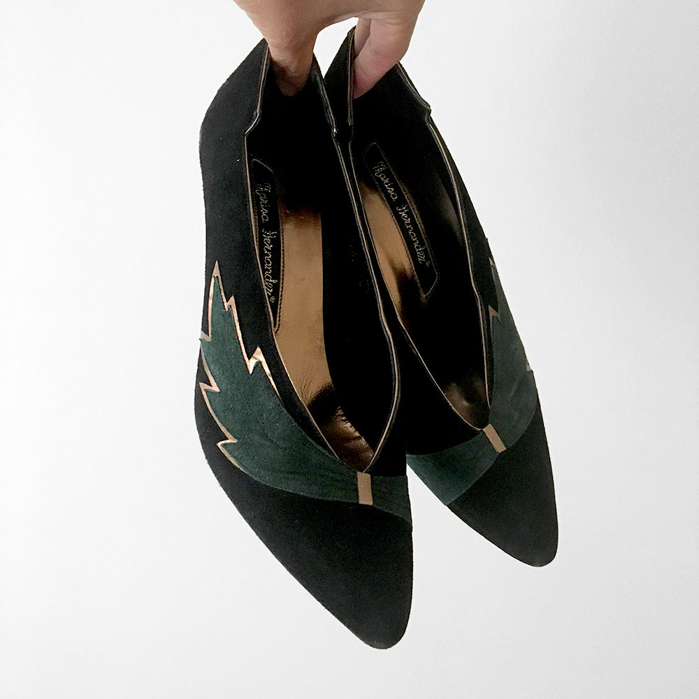 Black and Green Gold Trimmed Leaf Pointed Toe Slip On Heels