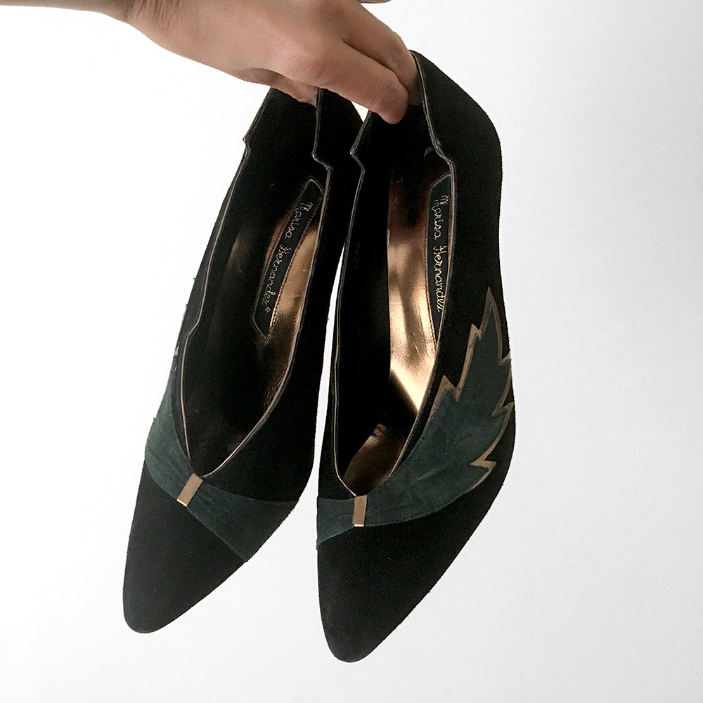 Black and Green Gold Trimmed Leaf Pointed Toe Slip On Heels