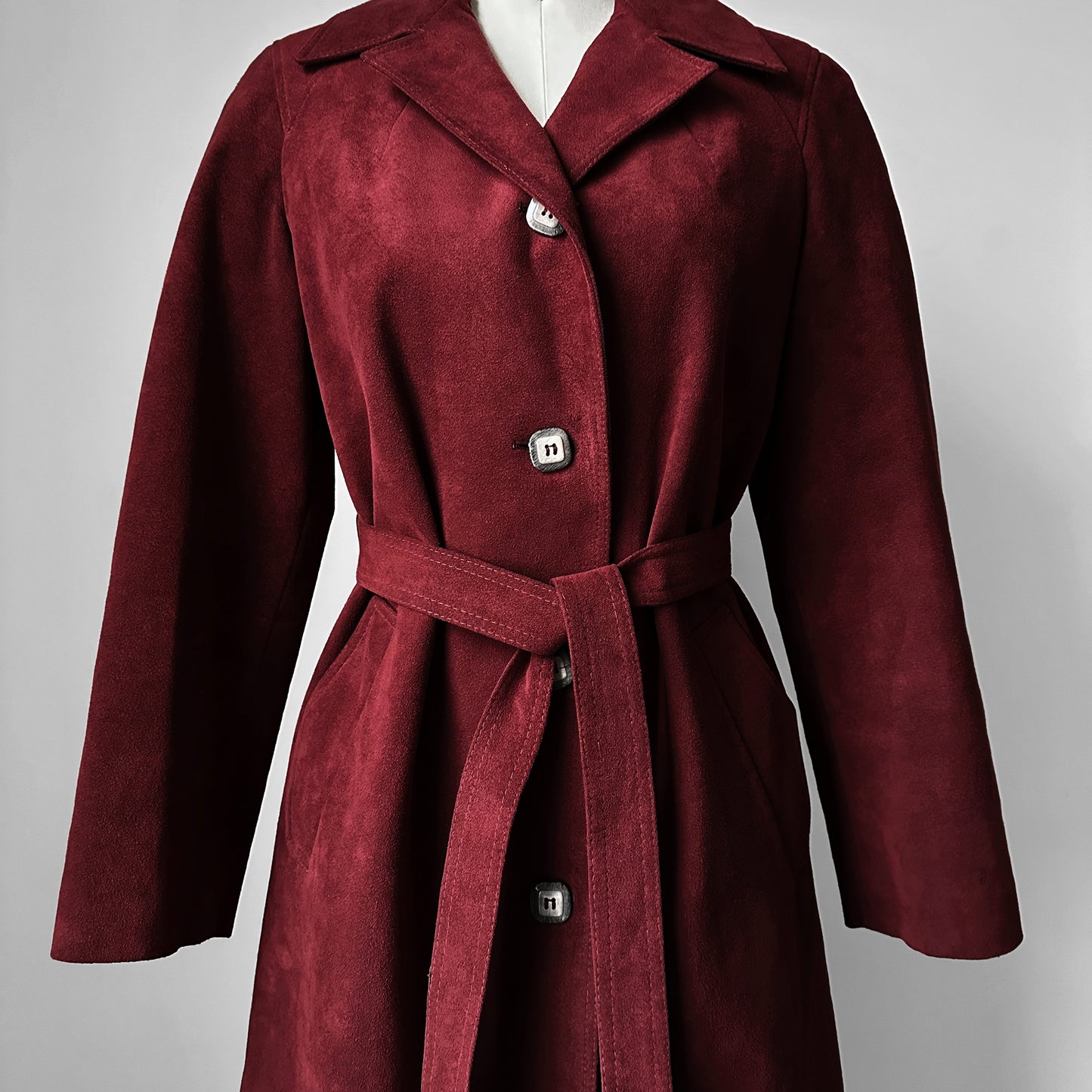 1970s Deep Wine Microfibre Faux Leather Belted Trench Coat - S/M