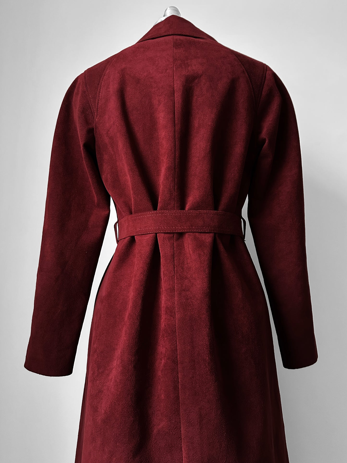 1970s Deep Wine Microfibre Faux Leather Belted Trench Coat - S/M