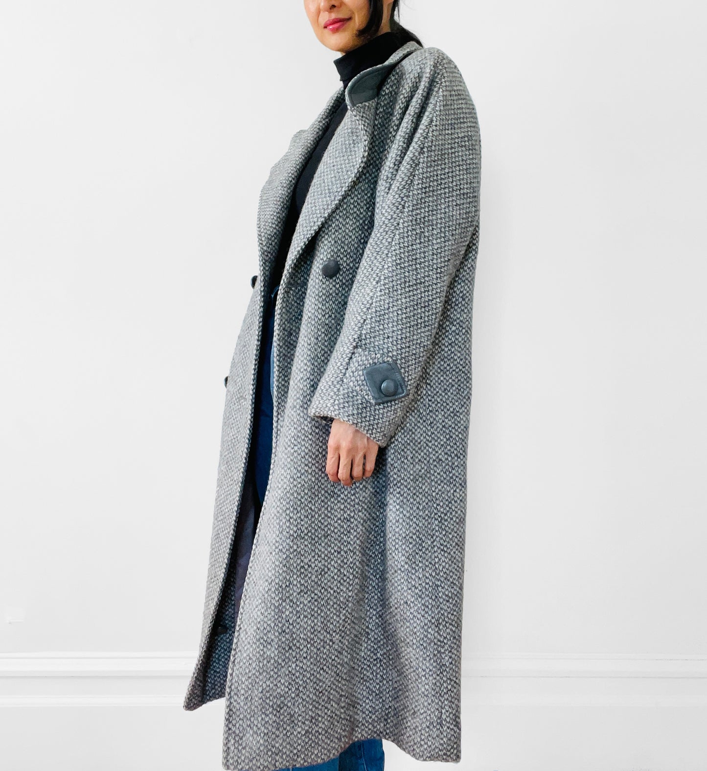 1980s Grey Tweed Wool and Leather Coat