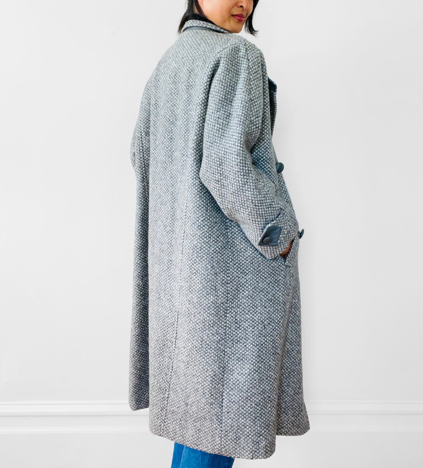 1980s Grey Tweed Wool and Leather Coat