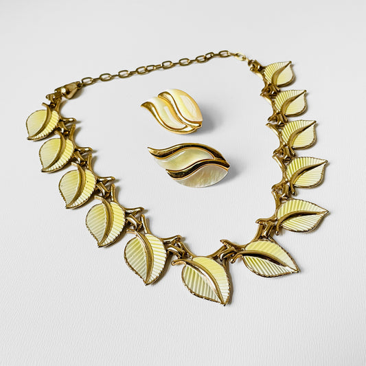 Enamelled Leafy Link Necklace and Clip Earrings Set